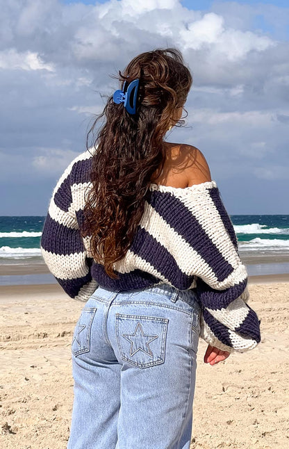 Delvey Navy Striped Chunky Knit Sweater