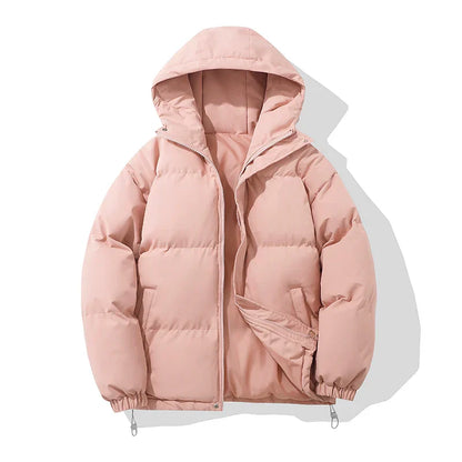 Puffer Jacket Women High Neck Hooded Zipper Design Cotton-Padded Coat